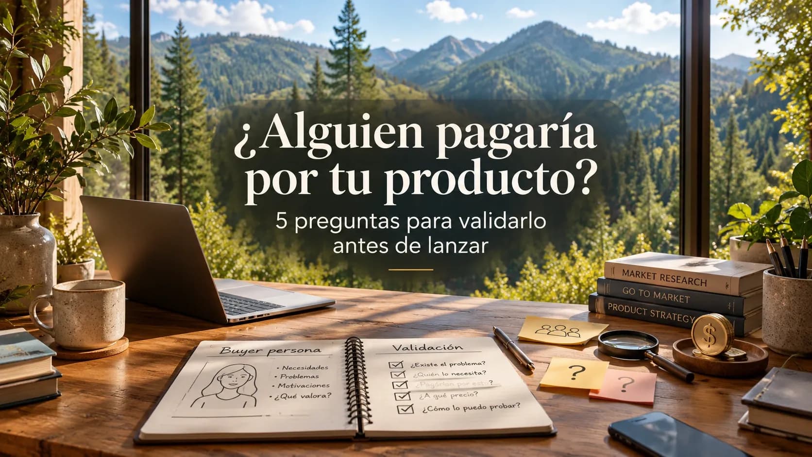 Oficina con vista a las montañas, escritorio con laptop, plantilla de Buyer Persona y checklist de validación de negocios. Portada titulada «¿Alguien pagaría por tu producto? 5 preguntas para validarlo antes de lanzar».
