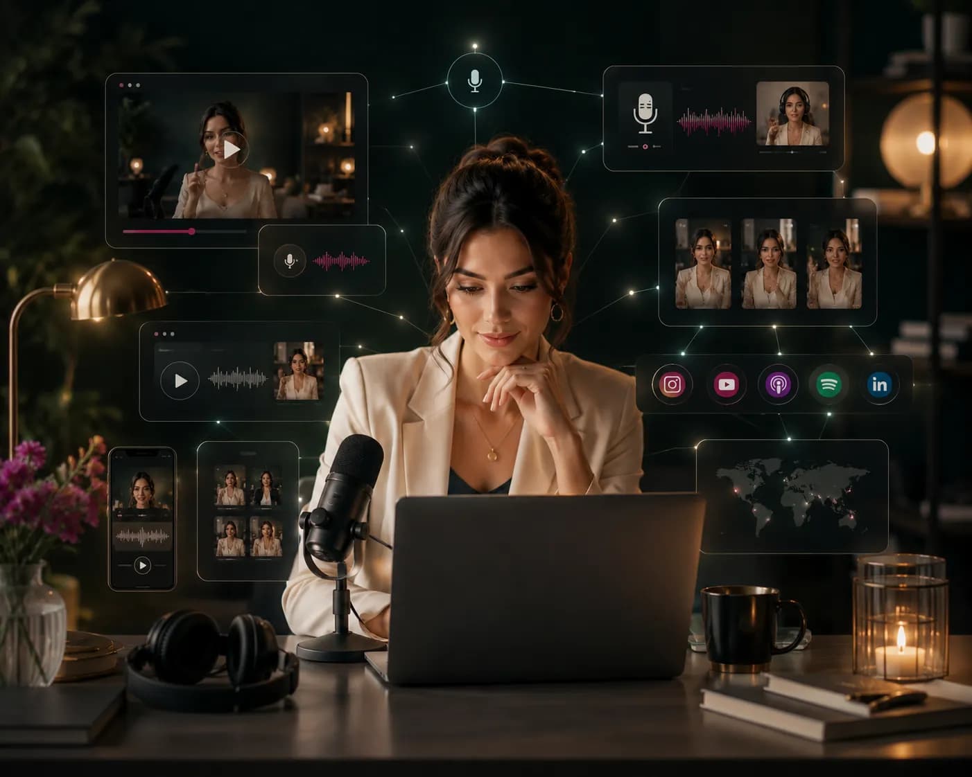 Mujer con contenido digital distribuido en diferentes plataformas