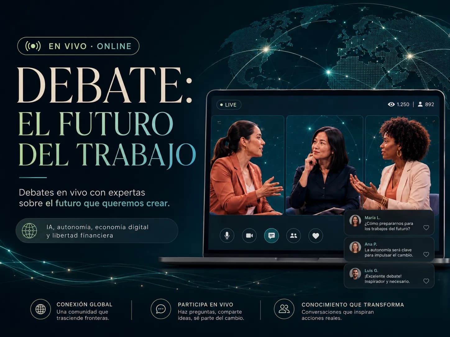 Tres mujeres debatiendo sobre el futuro del trabajo en vivo y online