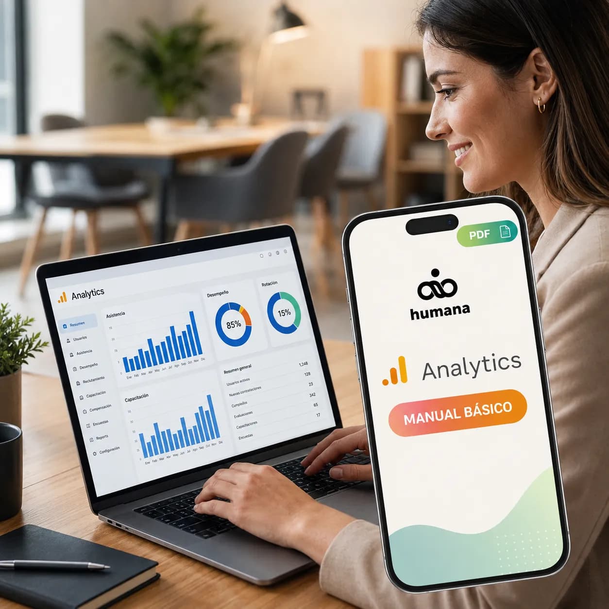 Mujer usando Google Analytics desde su laptop