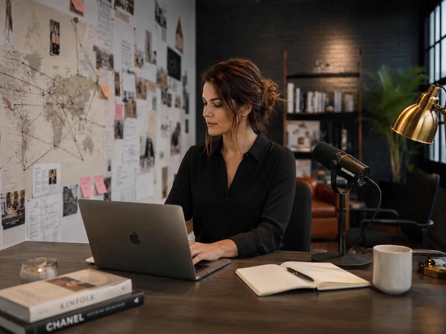 Mujer profesional líder creando con su laptop y un micrófono