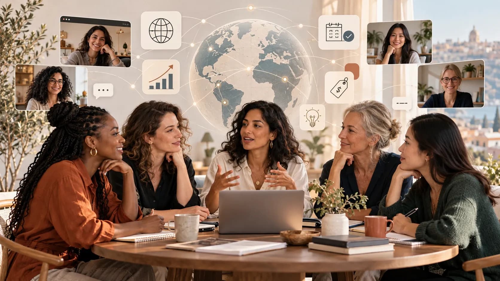 Mastermind para mujeres emprendedoras conectadas en una red global, compartiendo ideas, decisiones y estrategias de negocio.