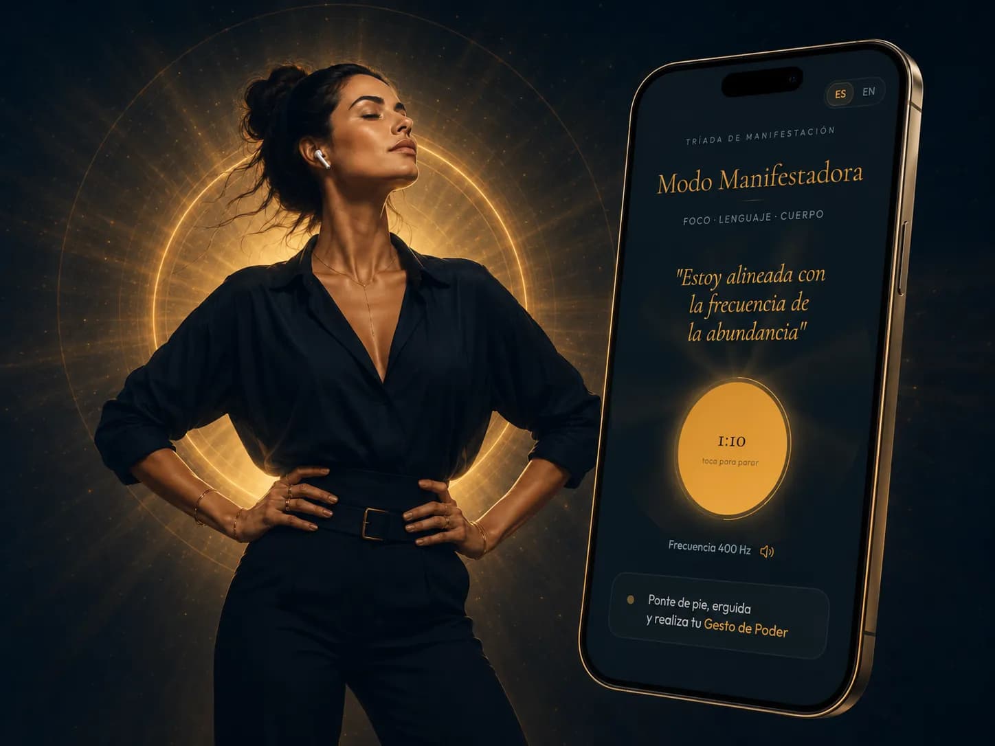 Mujer manifestando abundancia mientras usa una app
