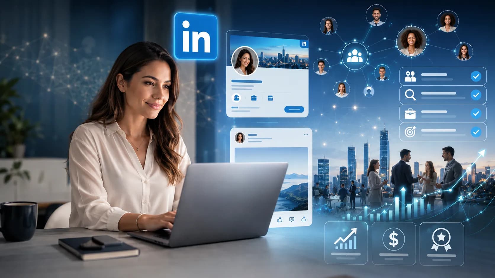 Mujer profesional optimizando su perfil de Linkedin y abriéndose a oportunidades globales