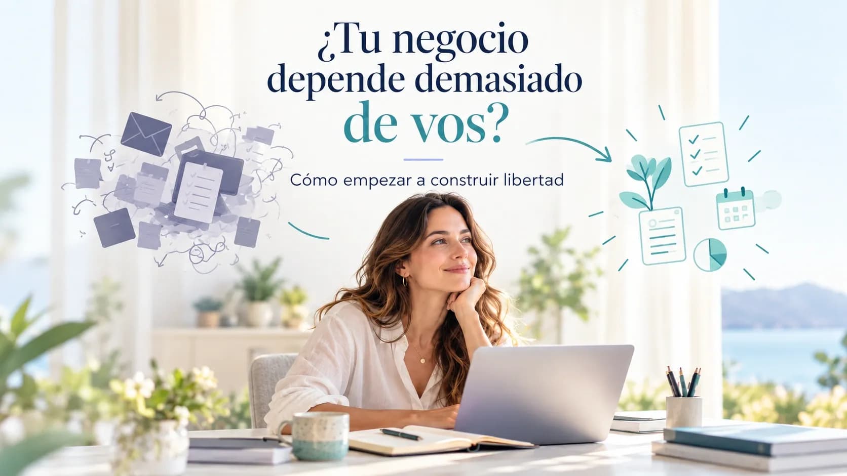 Mujer emprendedora trabajando con su laptop, rodeada de elementos visuales que representan el paso del caos operativo a un negocio organizado mediante procesos y automatización, para lograr mayor libertad de tiempo.