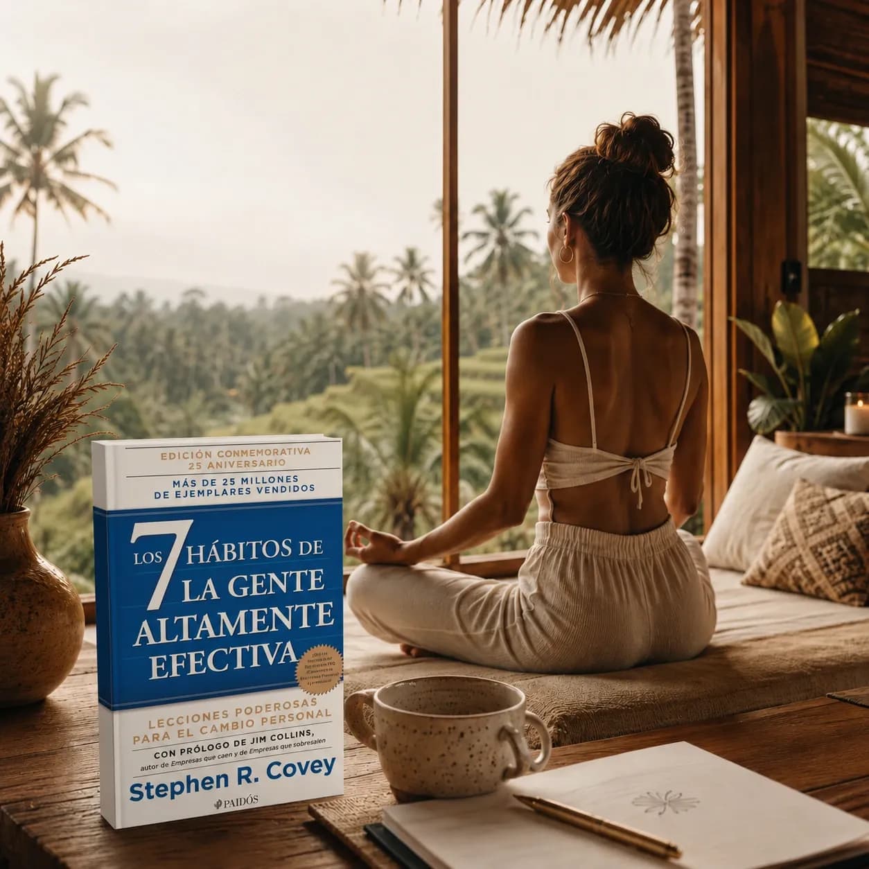 Mujer emprendedora meditando desde Bali con el Libro 7 hábitos de la gente altamente efectiva