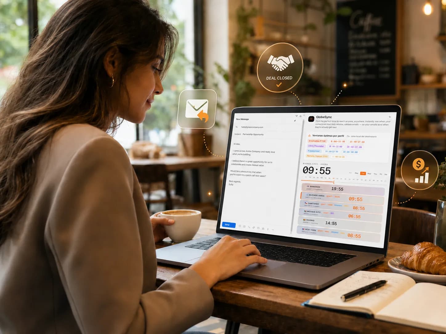 Mujer escribiendo mails y usando una app para calcular el mejor momento para enviarles el mensaje a sus prospectos