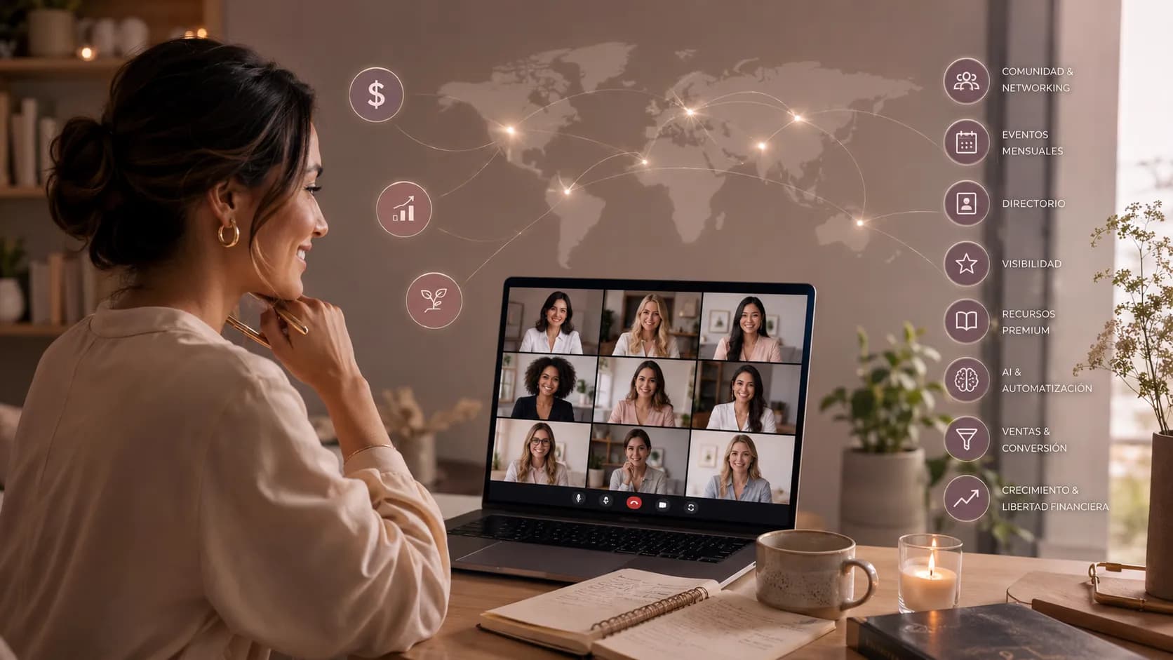 Mujer teniendo un círculo de acción y networking online con mujeres de diferentes partes del mundo. Hay iconos de dinero y crecimiento de su negocio.