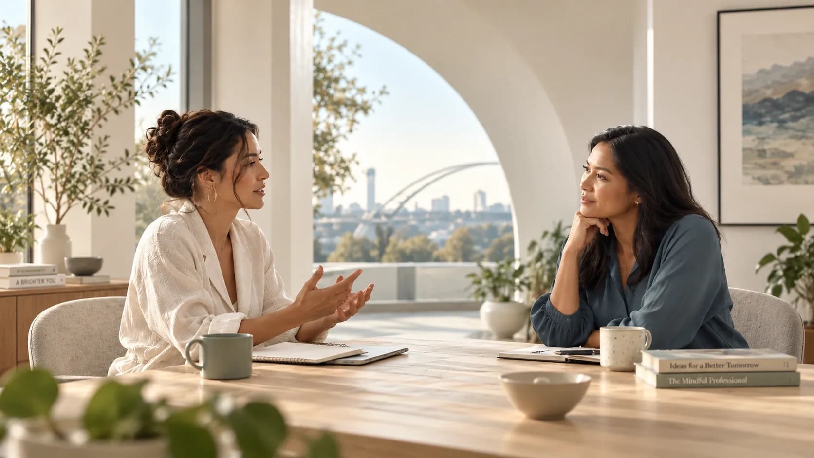 Dos mujeres emprendedoras conversan con calma en un espacio de trabajo moderno, representando comunicación clara, liderazgo y resolución de conflictos.