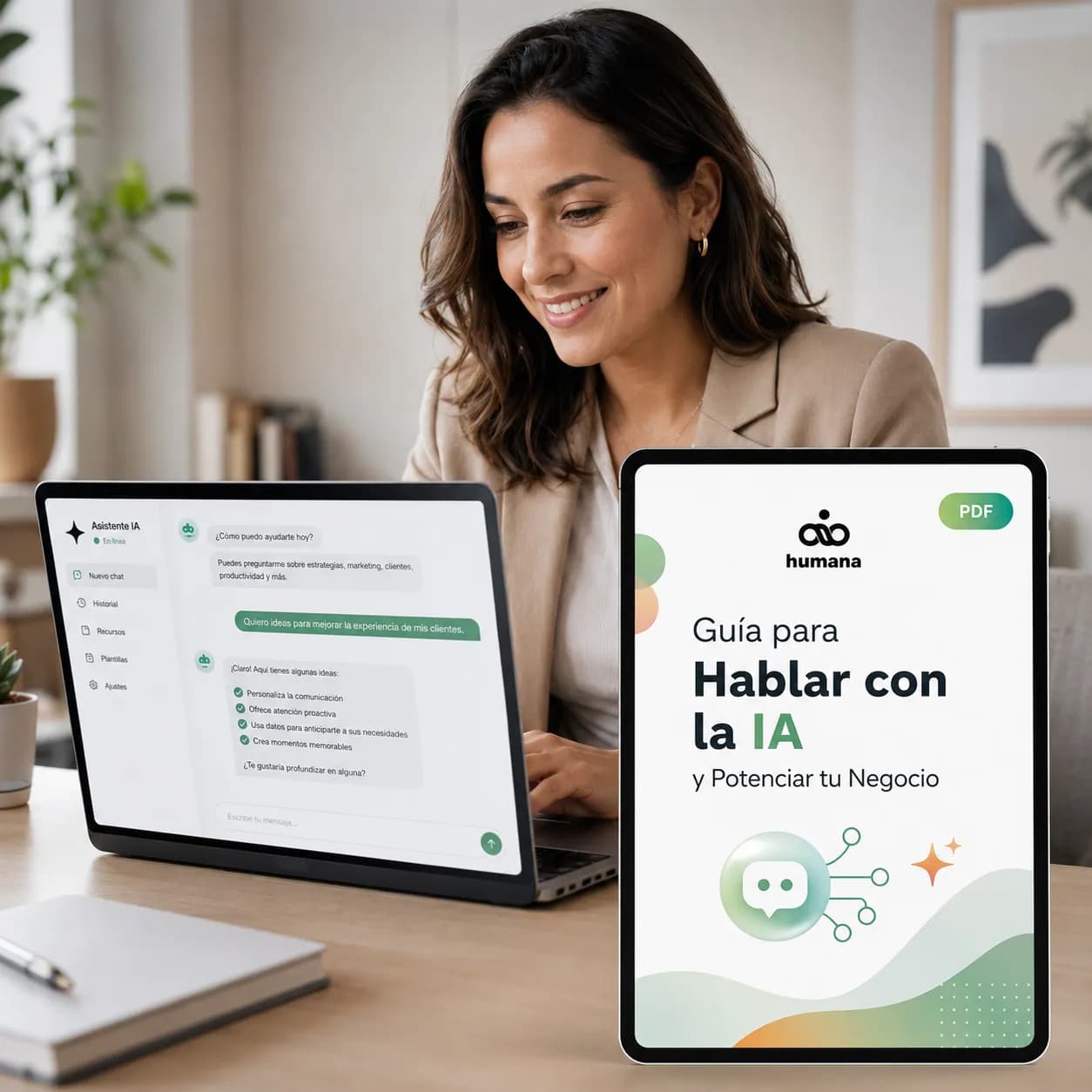 Mujer profesional trabajando en su negocio con ayuda de la AI