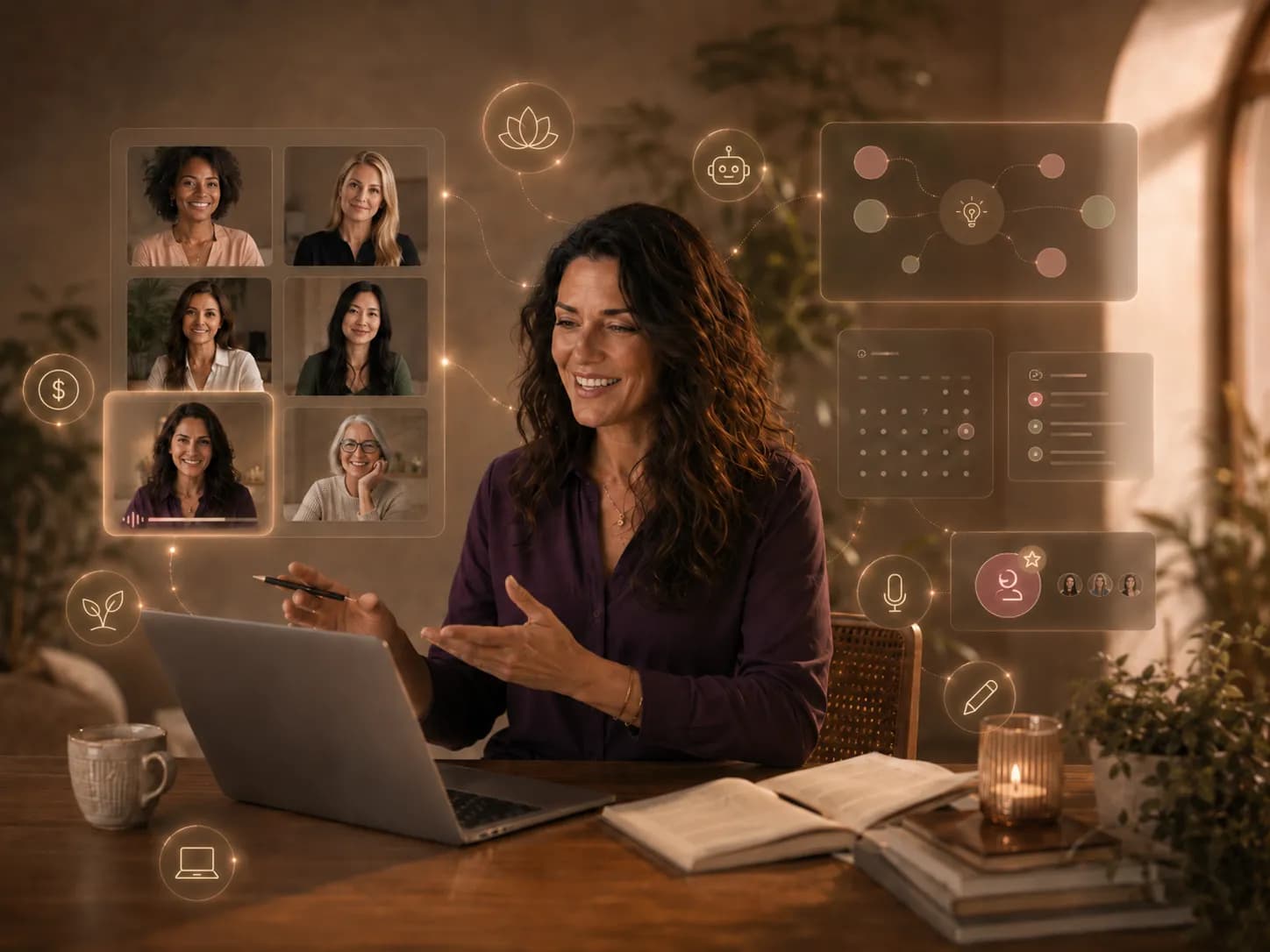 Mujer dando un mastermind online y enseñando lo que sabe a otras mujeres