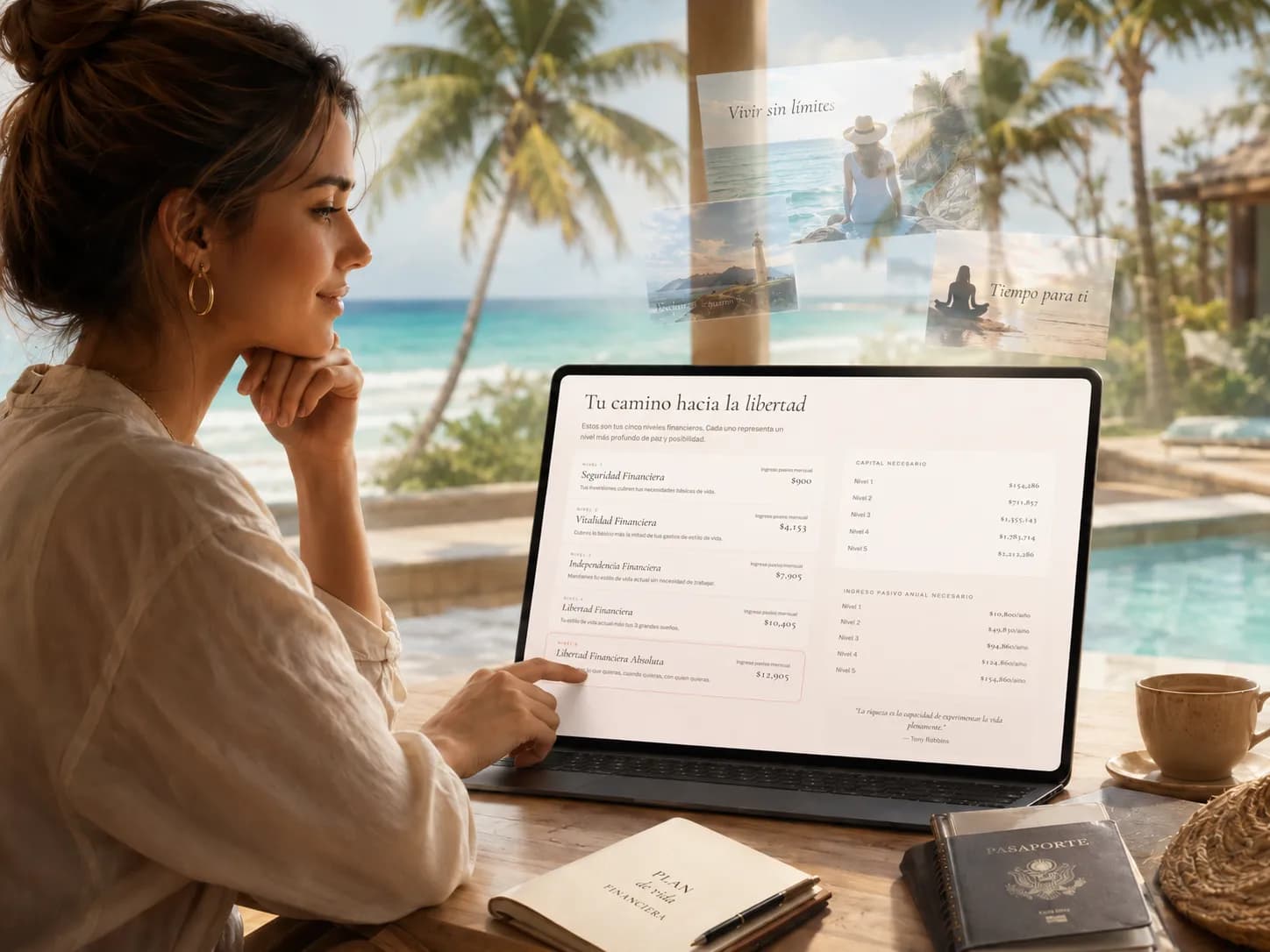 Mujer calculando los n煤meros de su libertad financiera