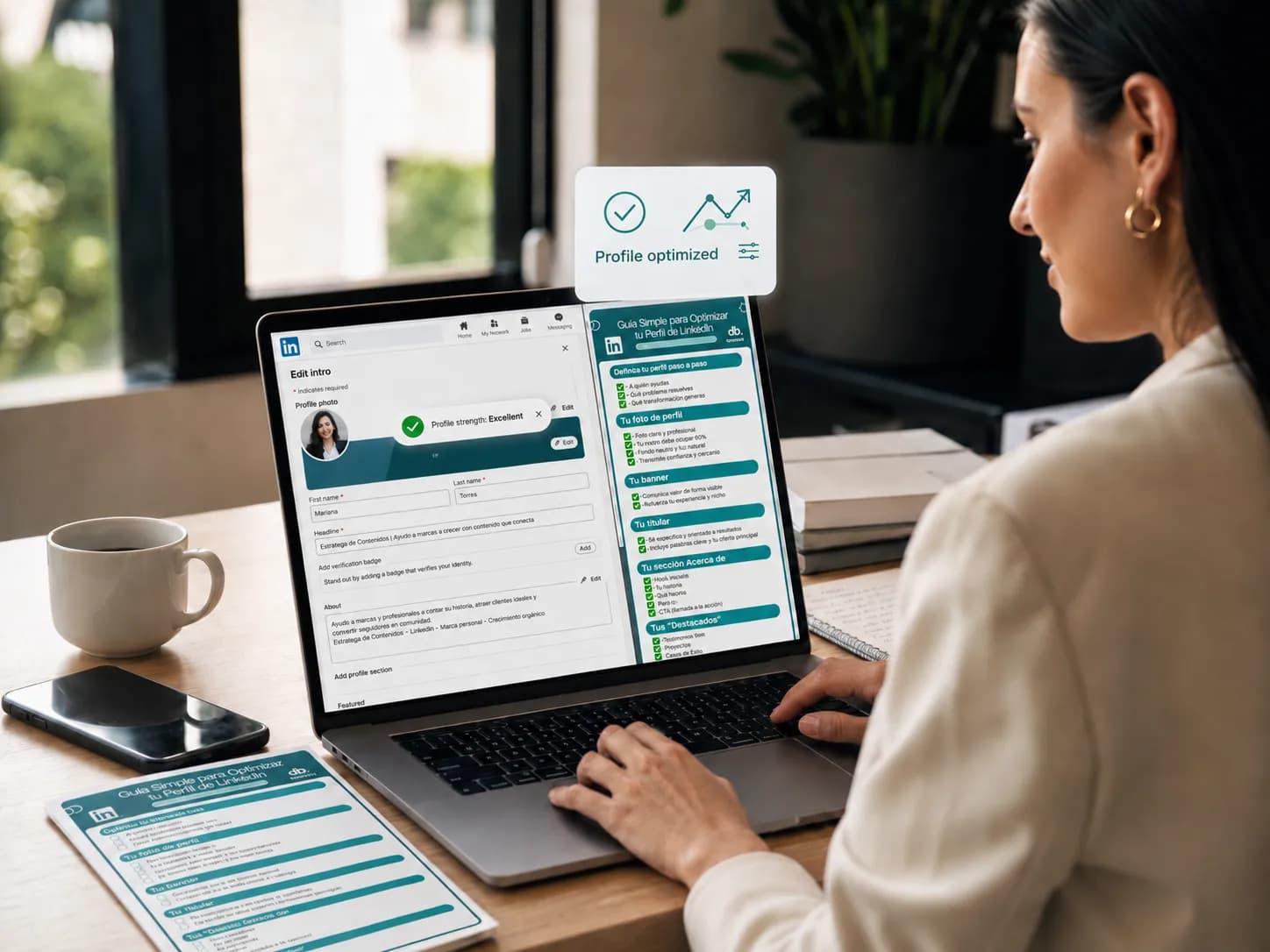 Mujer profesional optimizando su perfil de Linkedin