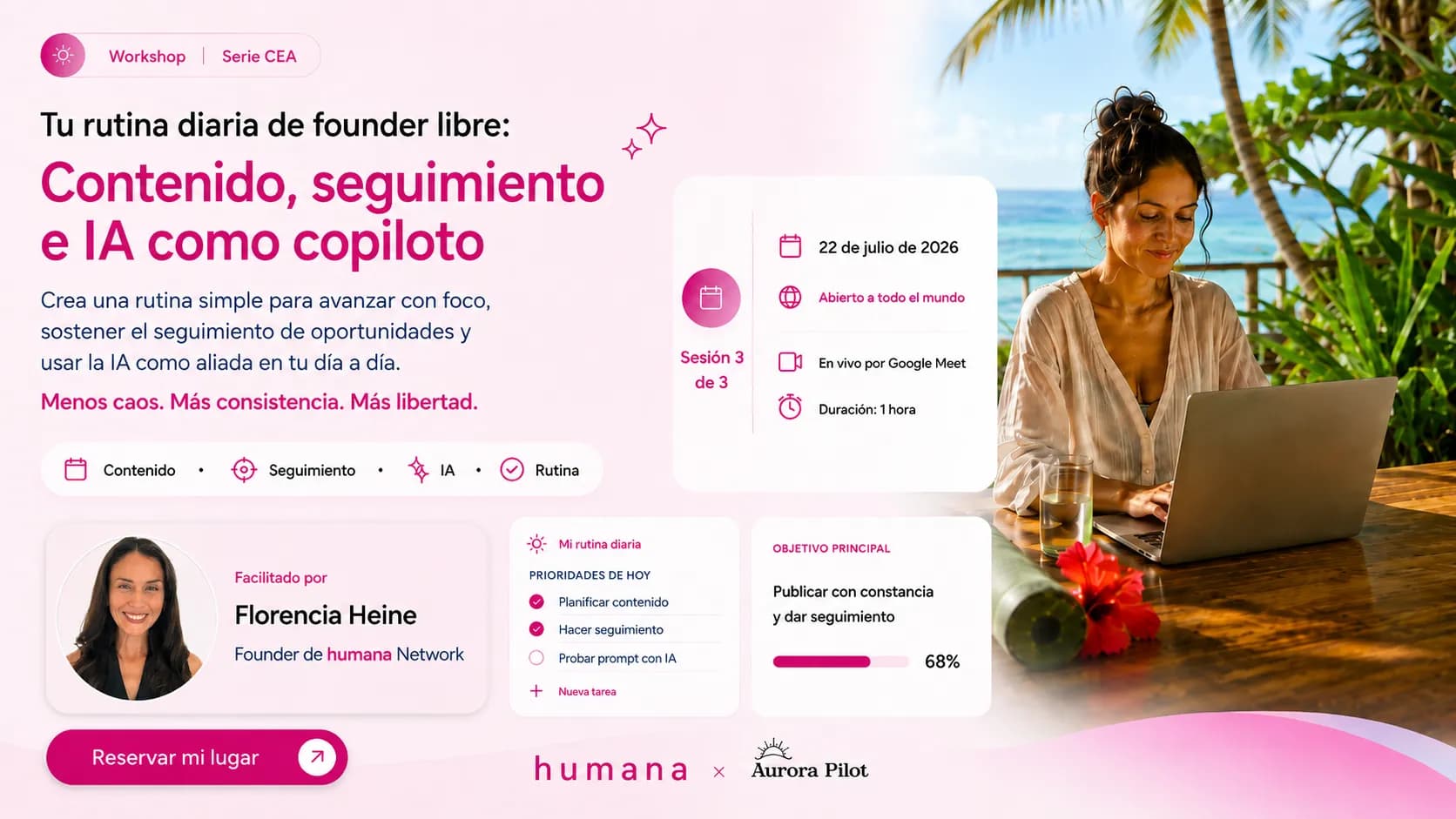 Workshop Tu rutina diaria de founder libre: Contenido, seguimiento e IA como copiloto